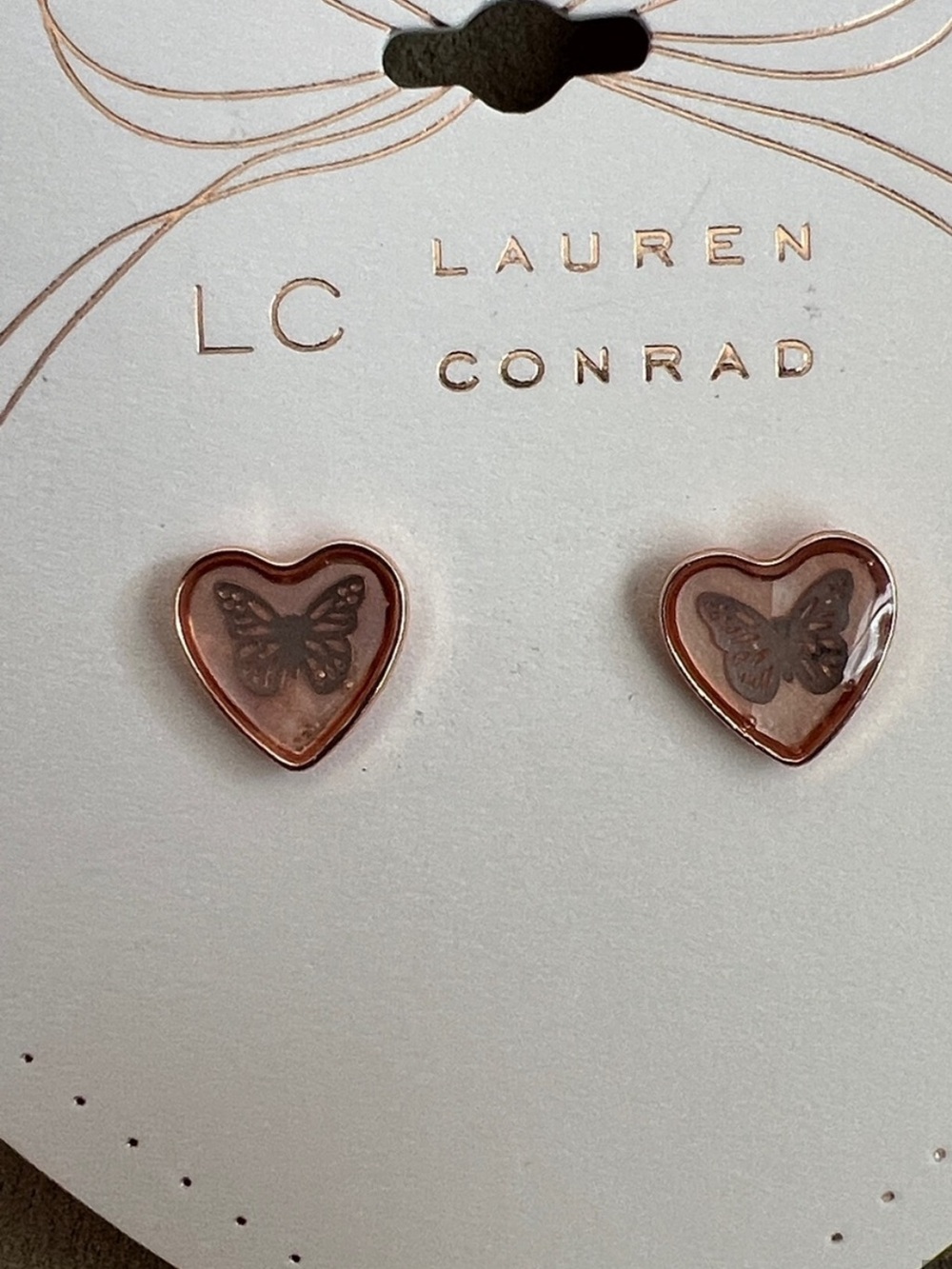 LC Lauren Conrad Rose Gold Heart Butterfly Stud Earrings NWT